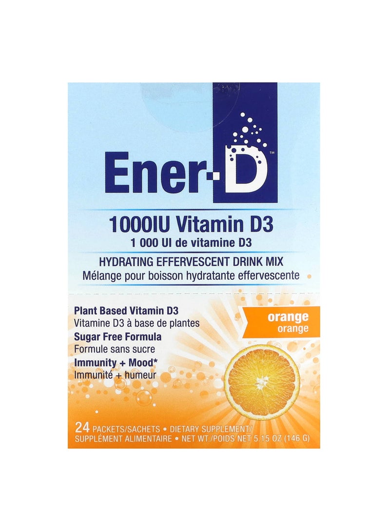 Ener-D, Vitamin D3, Hydrating Effervescent Drink Mix, Sugar Free, Orange, 1,000 mg, 24 Packets